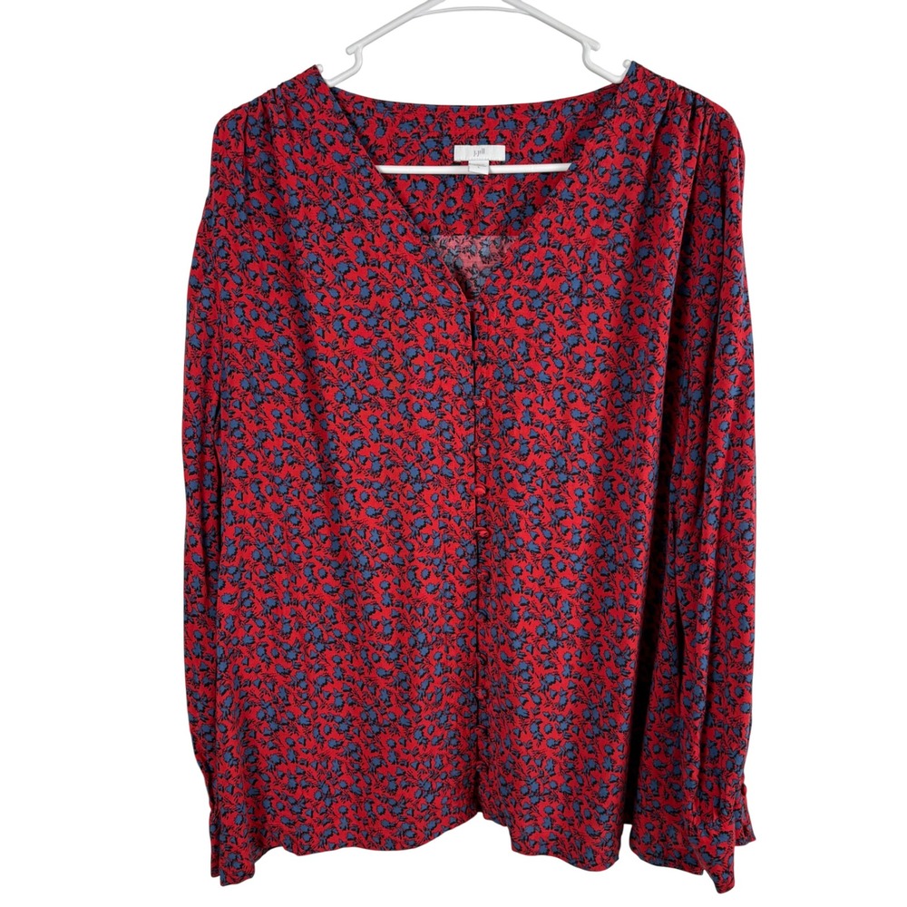 J. Jill Floral Blouse Womens L Red Blue Rayon Cottagecore Lightweight Career Top
